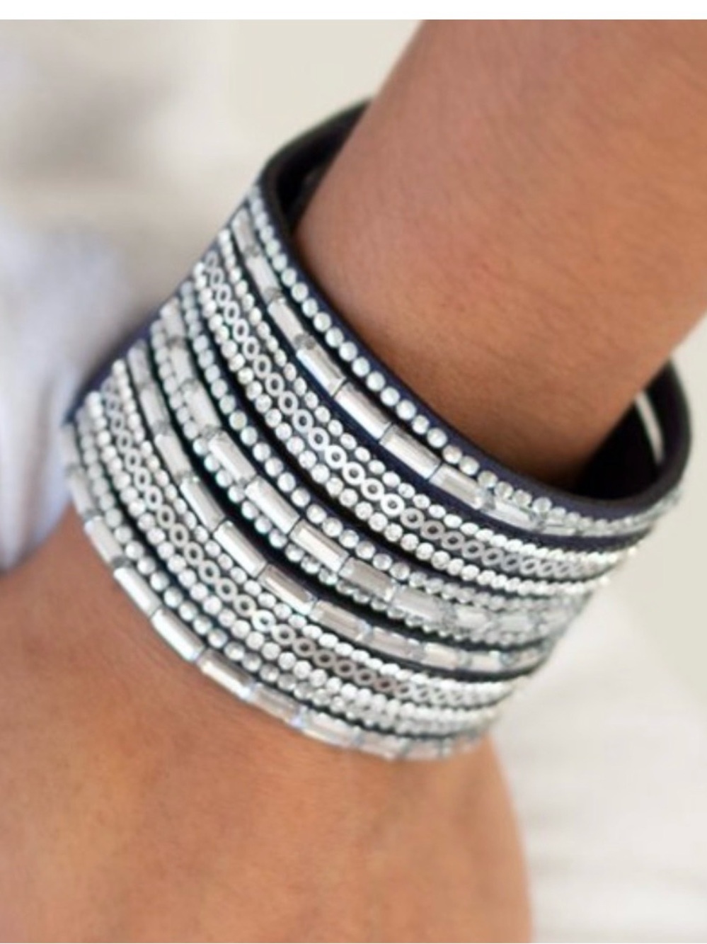 Blue Suede Rhinestone Wrap Bracelet